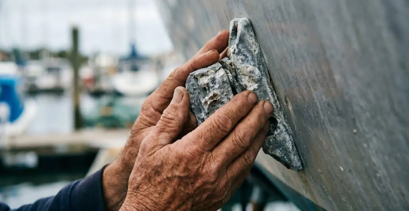 Anodes sacrificielles en alliage métallique montées sur une coque de navire pour protection anticorrosion