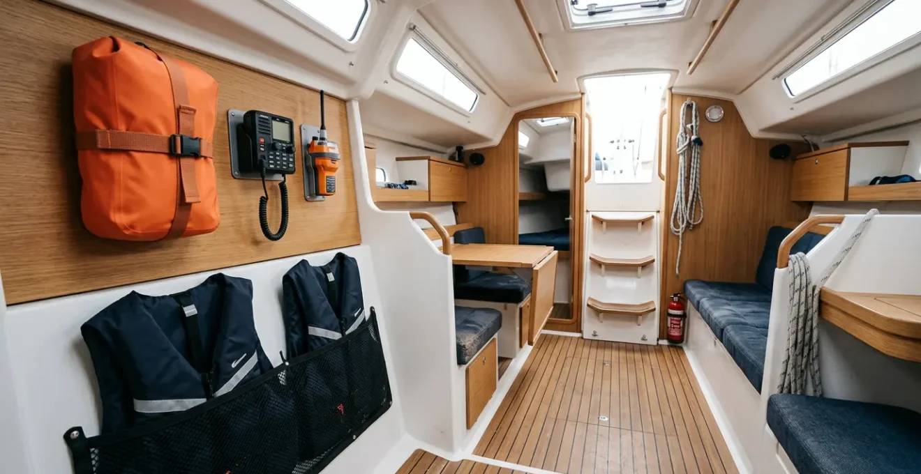 Organisation méticuleuse de l'équipement de sécurité maritime sur un voilier de petite taille