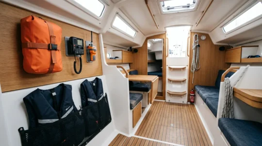 Organisation méticuleuse de l'équipement de sécurité maritime sur un voilier de petite taille