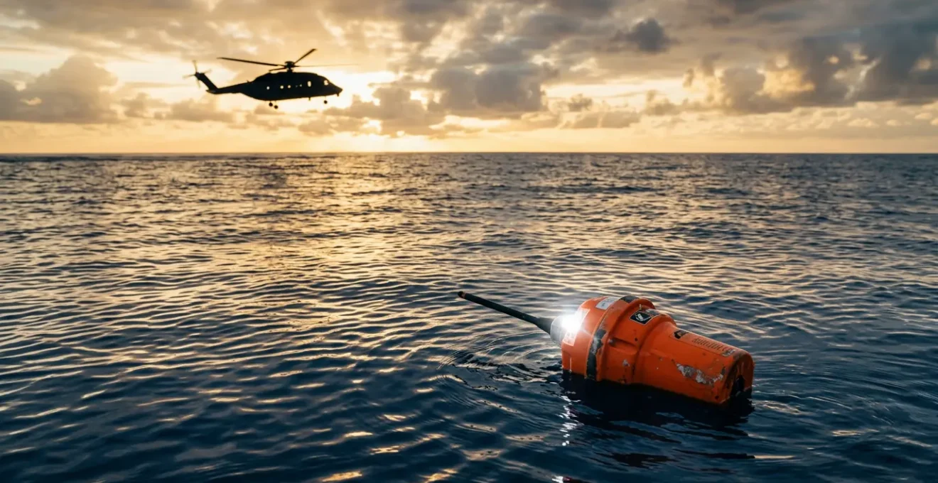 Balise de détresse maritime émettant un signal d'urgence lors d'une opération de sauvetage en mer