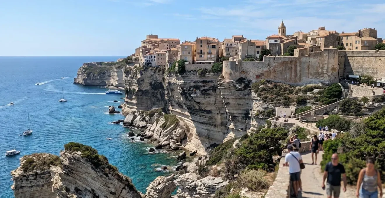 Vue depuis la mer sur la citadelle médiévale de Bonifacio perchée sur les falaises de calcaire blanc, architecture génoise dominant la Méditerranée sous une lumière naturelle douce