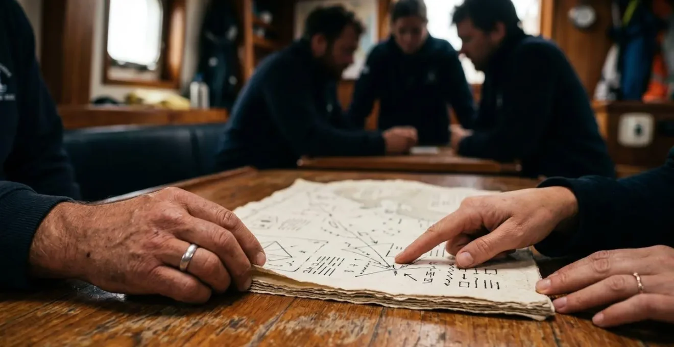 Plan rapproché sur des mains tenant un document de charte maritime avec des équipiers réunis autour d'une table de carré de bateau