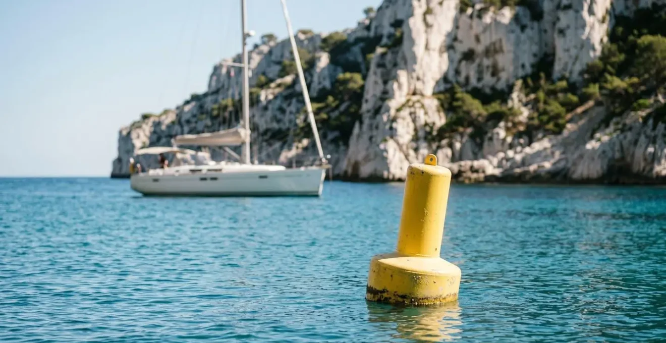 Entrée d'une calanque protégée avec bouée de signalisation maritime jaune et voilier respectant la zone interdite au mouillage