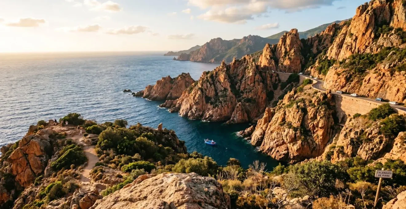 Vue panoramique des calanques de Piana depuis la mer Méditerranée, formations de granit rose émergeant des eaux bleues profondes sous un ciel lumineux