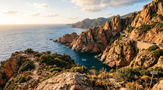 Vue panoramique des calanques de Piana depuis la mer Méditerranée, formations de granit rose émergeant des eaux bleues profondes sous un ciel lumineux