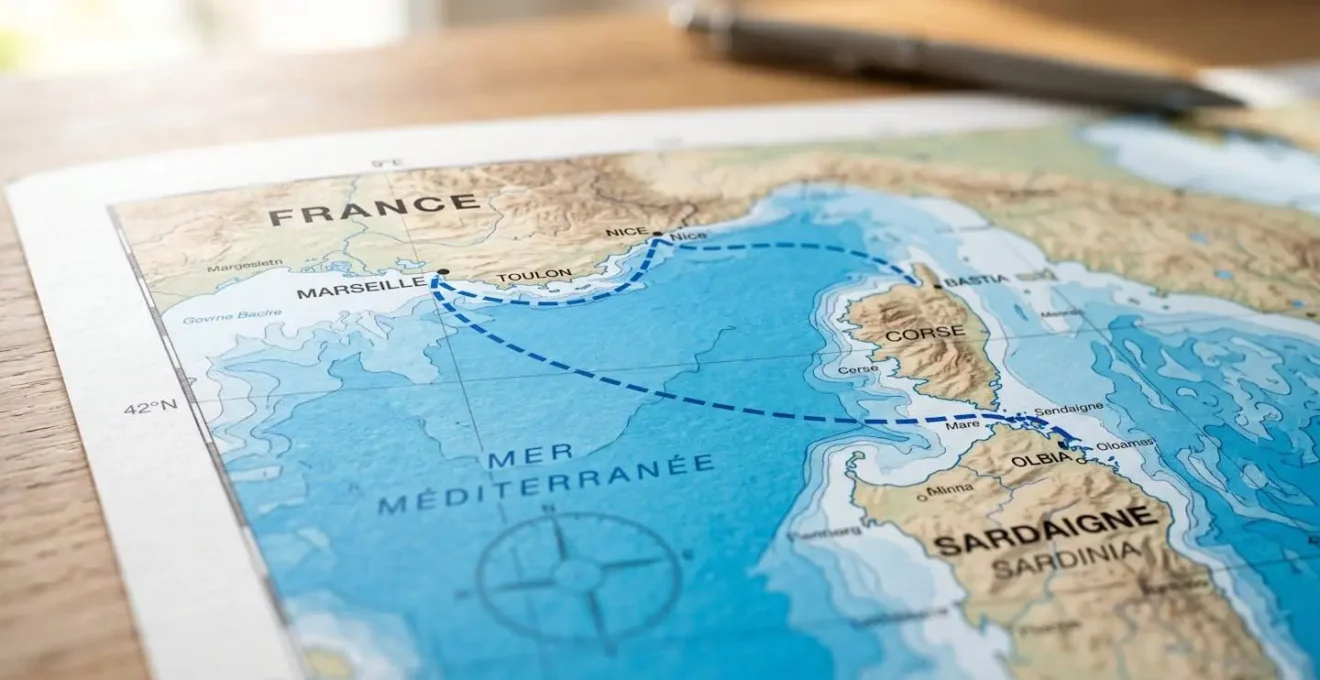 Une carte marine de la Méditerranée montrant les principales routes maritimes entre la France et la Sardaigne