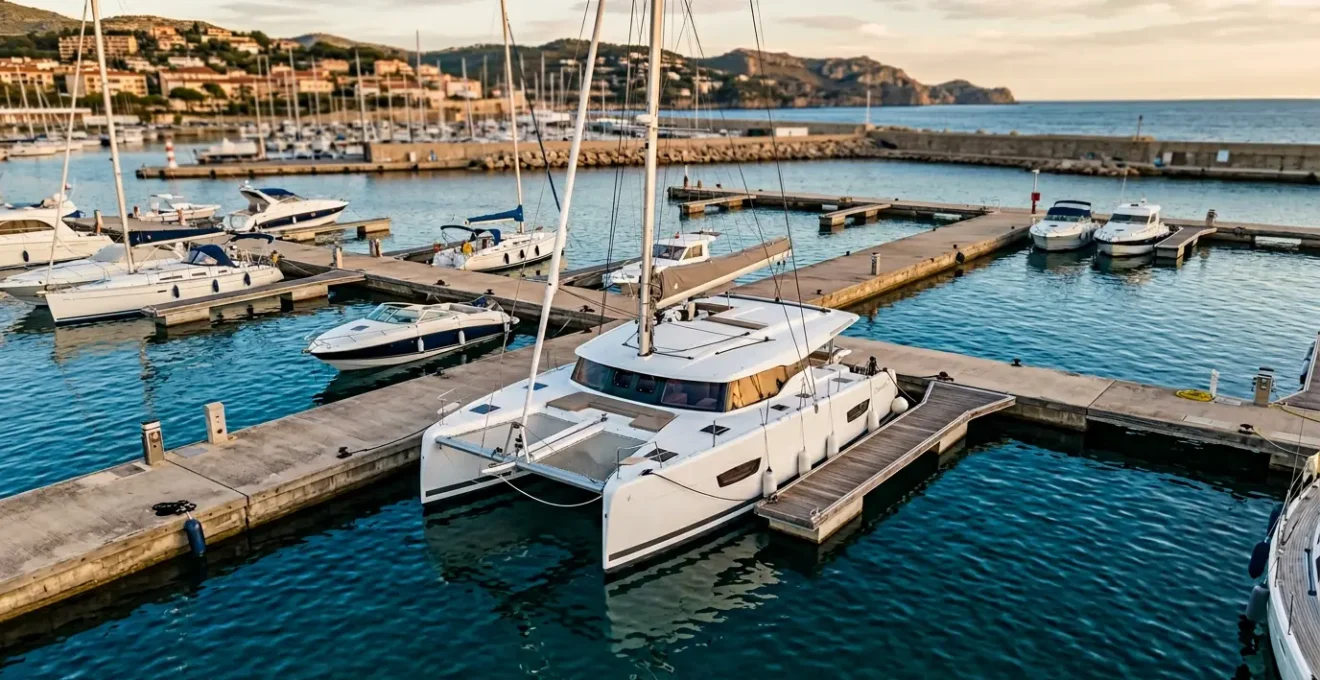 Vue aerienne d'un catamaran moderne dans une marina mediterraneenne avec pontons et infrastructure portuaire