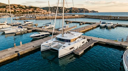 Vue aerienne d'un catamaran moderne dans une marina mediterraneenne avec pontons et infrastructure portuaire
