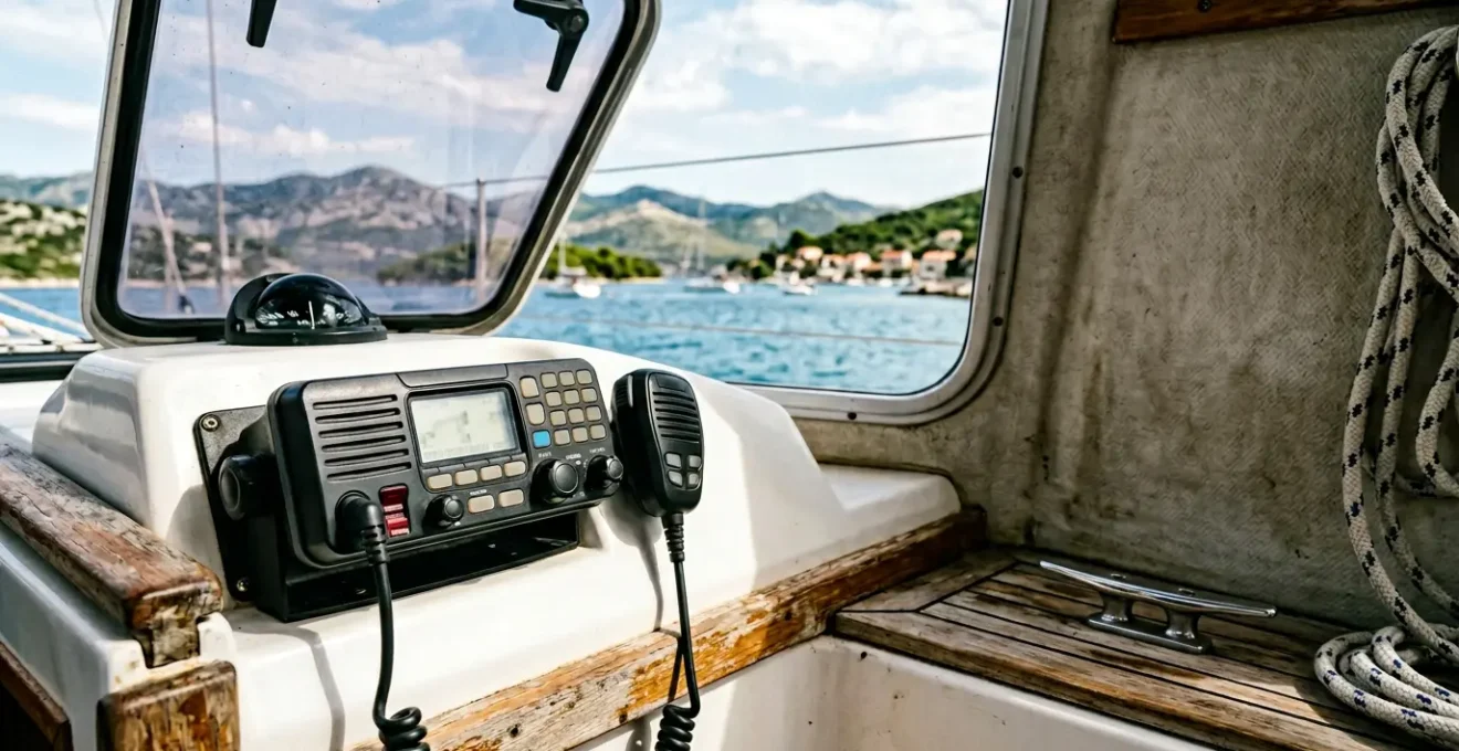 Radio VHF maritime à bord d'un voilier avec vue sur les îles croates en arrière-plan