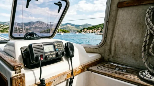 Radio VHF maritime à bord d'un voilier avec vue sur les îles croates en arrière-plan
