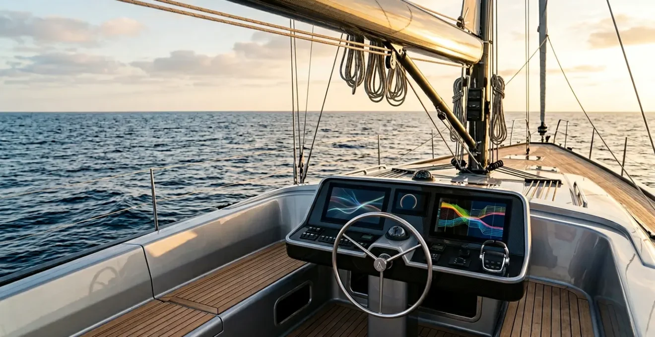 Vue grand angle d'un cockpit de voilier avec instruments de navigation NMEA intégrés au tableau de bord