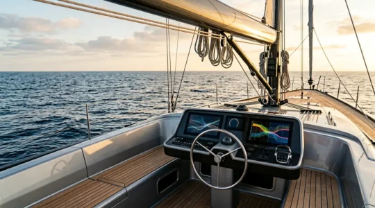Vue grand angle d'un cockpit de voilier avec instruments de navigation NMEA intégrés au tableau de bord