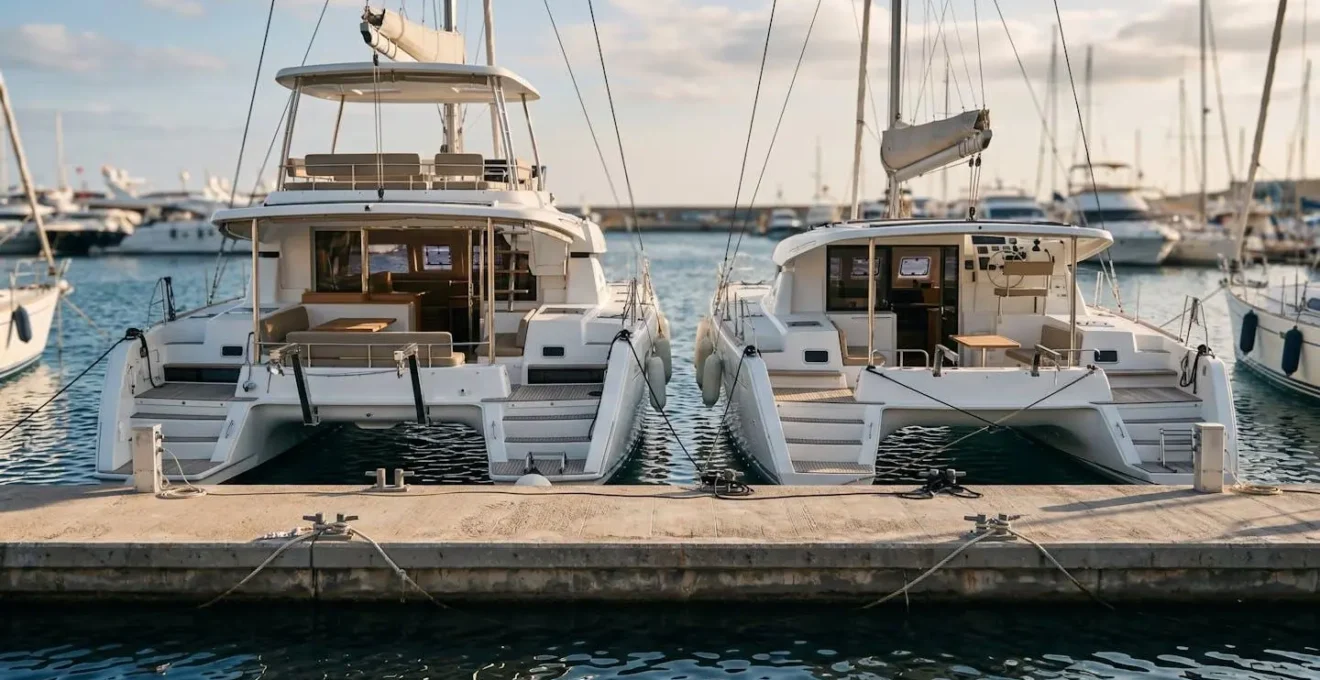 Deux catamarans de quarante pieds amarres cote a cote dans une marina montrant la difference de largeur entre modeles
