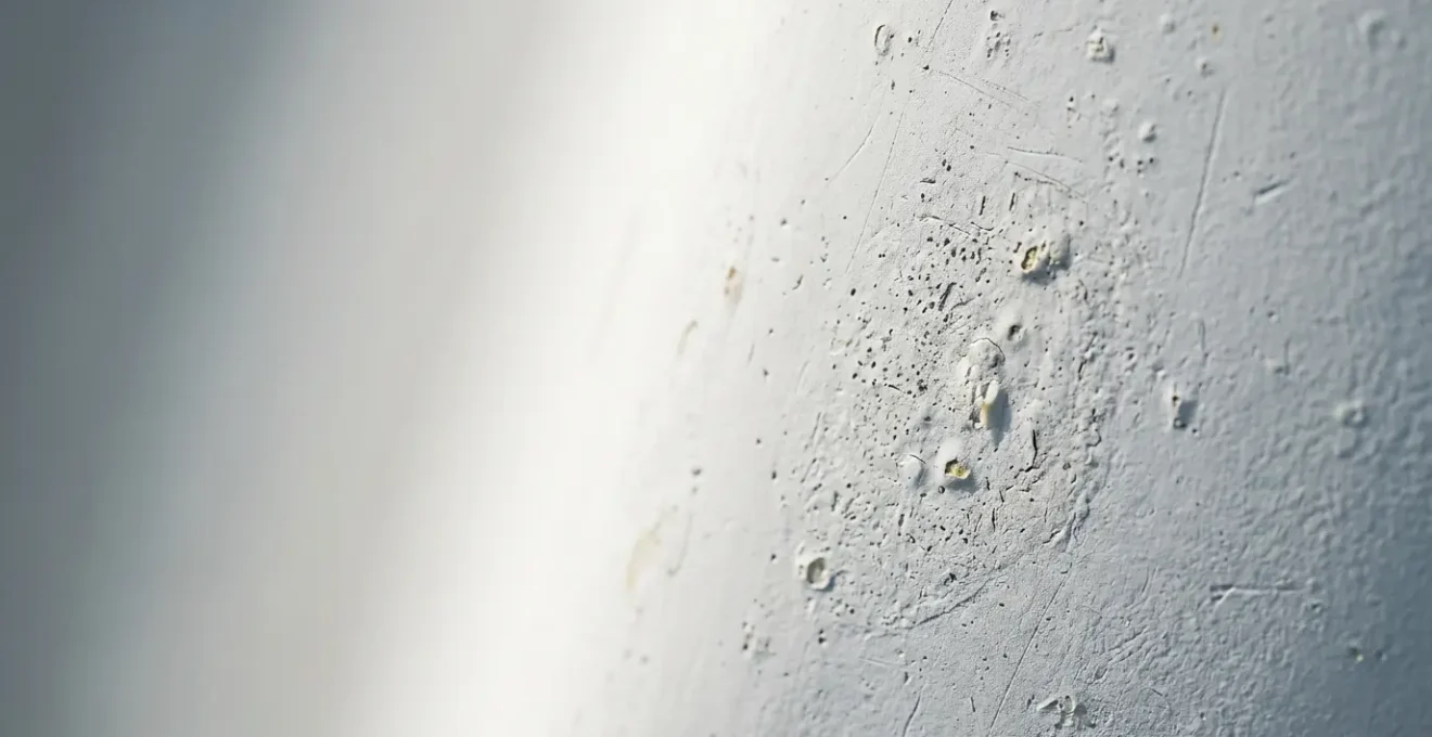 Détail macro d'une coque de voilier montrant la texture du gelcoat et les premiers signes d'hydrolyse