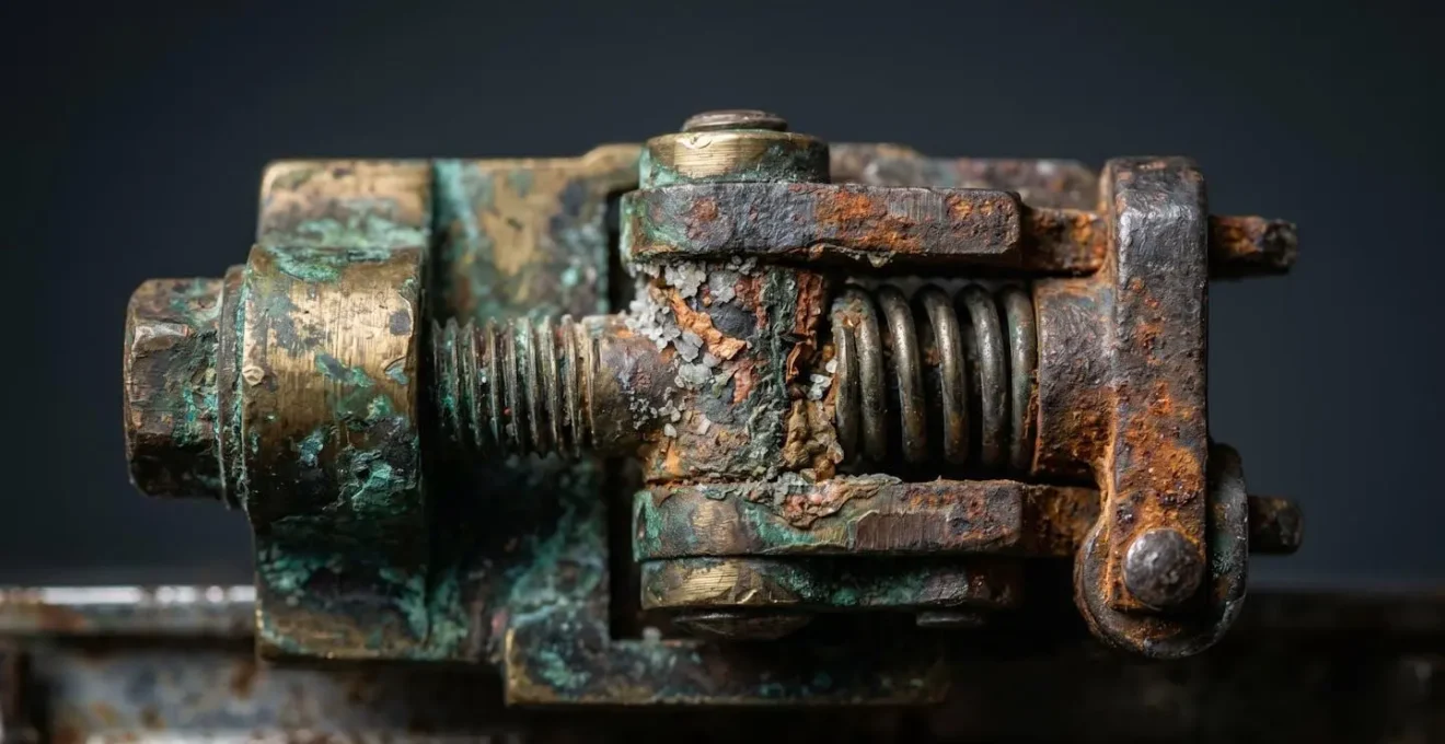 Détail macro d'un mécanisme de percussion de gilet montrant les effets de la corrosion