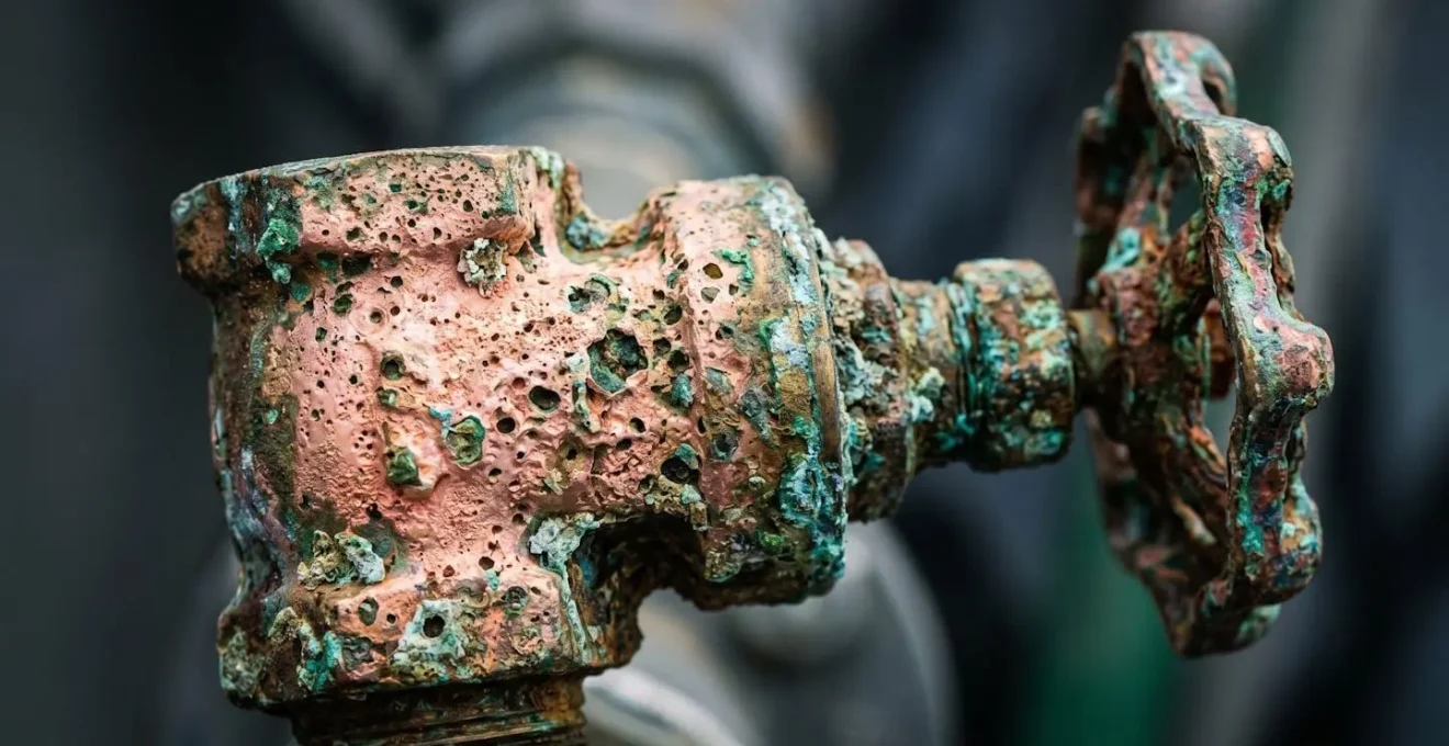 Corrosion caverneuse visible sur une vanne de passe-coque en laiton exposée aux produits chlorés