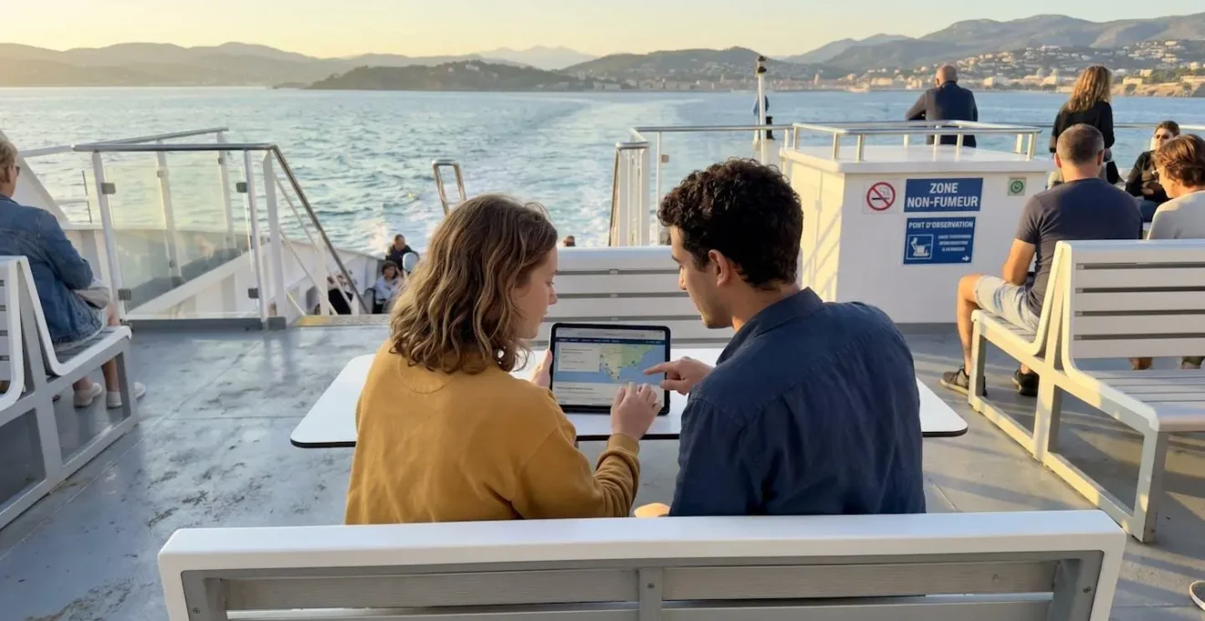 Deux personnes vues de dos consultent ensemble une tablette sur le pont extérieur d'un ferry moderne, mer Méditerranée en arrière-plan sous lumière dorée de fin d'après-midi