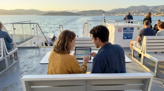 Deux personnes vues de dos consultent ensemble une tablette sur le pont extérieur d'un ferry moderne, mer Méditerranée en arrière-plan sous lumière dorée de fin d'après-midi