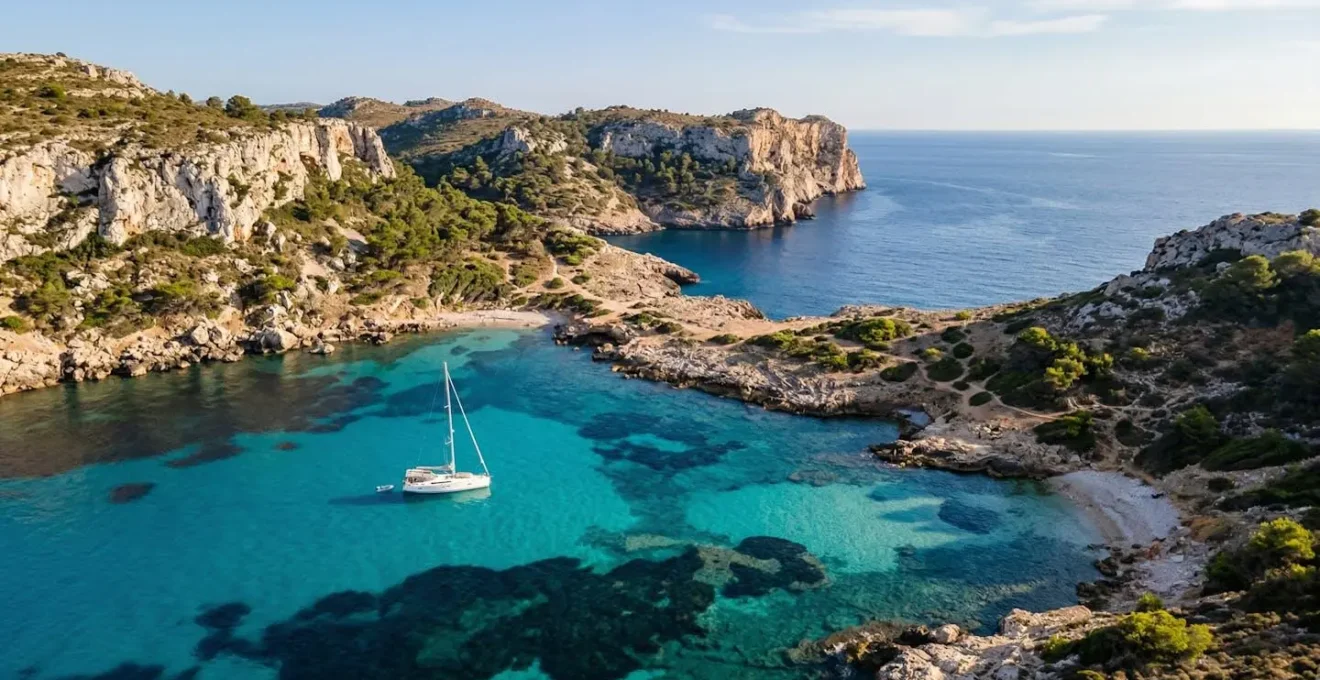Vue aérienne d'une crique méditerranéenne déserte avec eau turquoise et voilier au mouillage sur fond sableux entre les herbiers de posidonies
