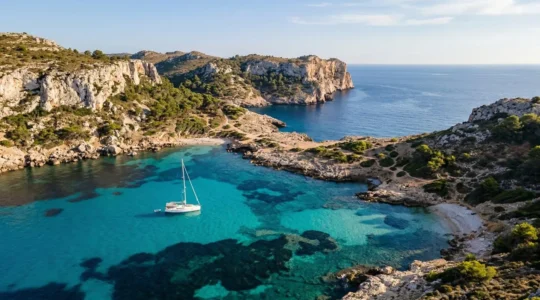 Vue aérienne d'une crique méditerranéenne déserte avec eau turquoise et voilier au mouillage sur fond sableux entre les herbiers de posidonies