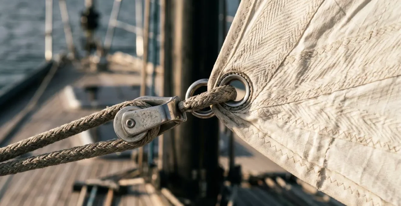Gros plan sur le pied de mât d'un voilier montrant le système de cunningham sous tension avec le tissu de voile parfaitement aplati