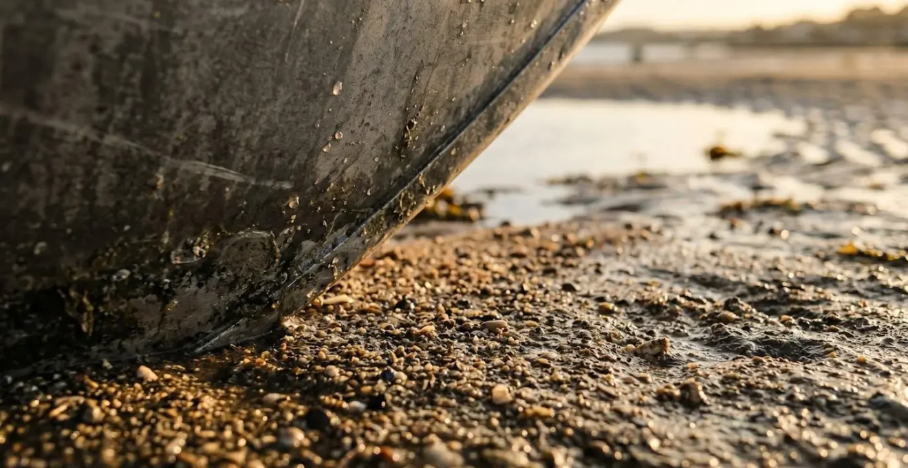 Voilier dériveur intégral échoué sur une plage de sable à marée basse