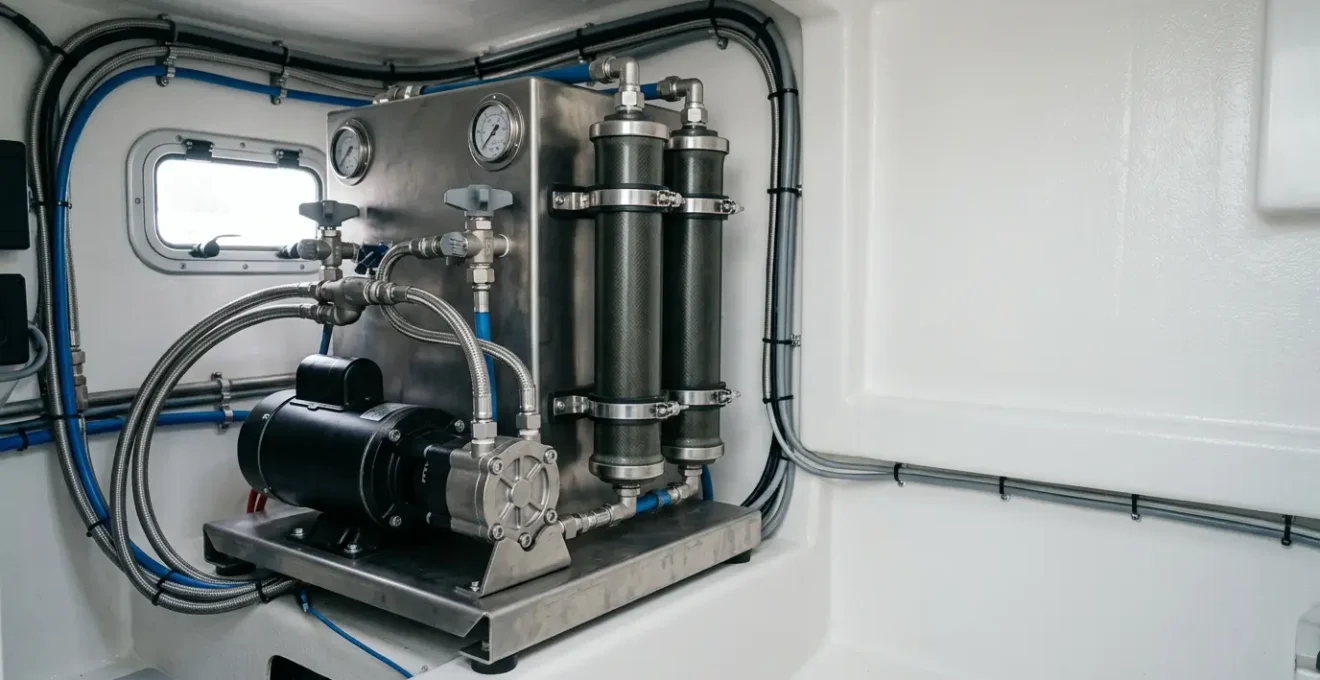 Installation de dessalinisateur moderne sur catamaran de croisière avec système de récupération d'énergie