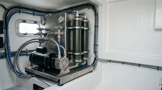 Installation de dessalinisateur moderne sur catamaran de croisière avec système de récupération d'énergie