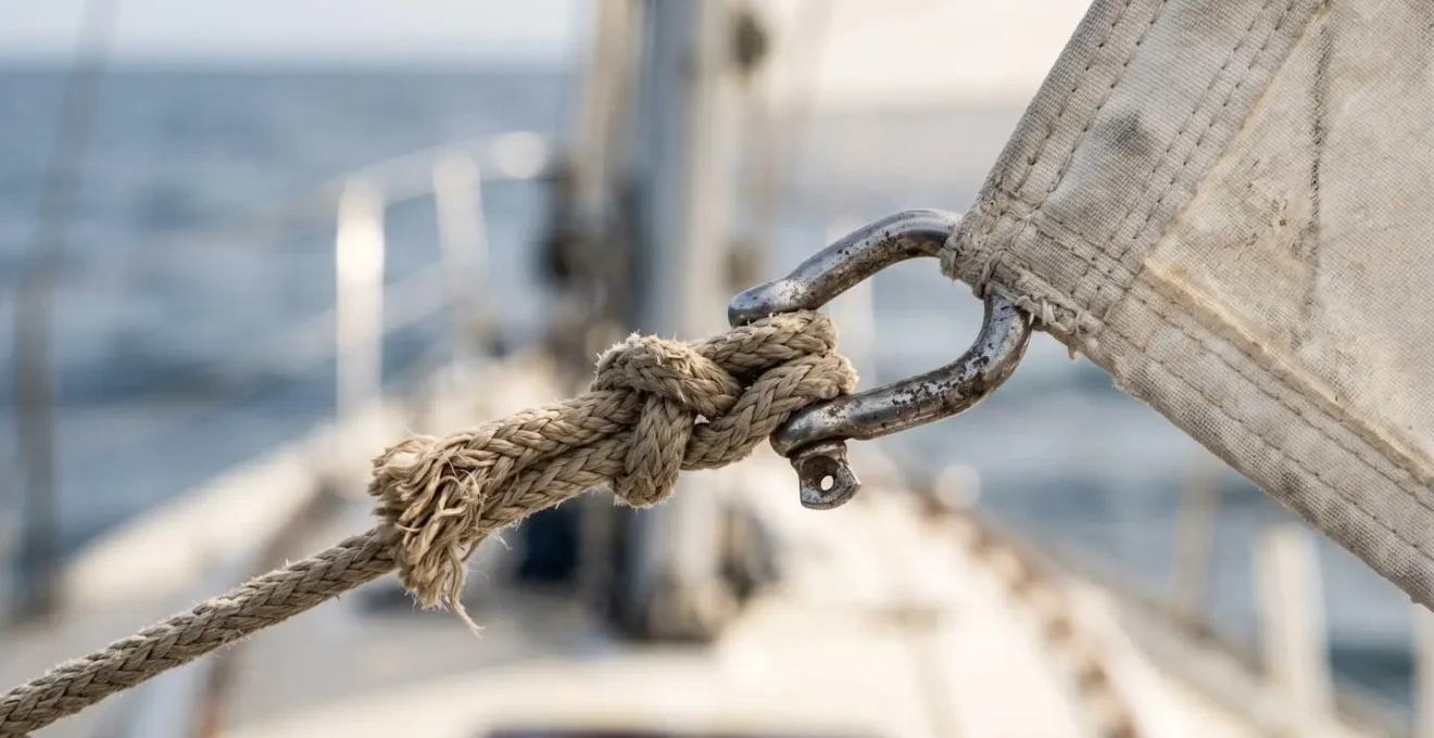 Gros plan sur le système de gréage d'une voile de tapecul fixée au pataras d'un voilier