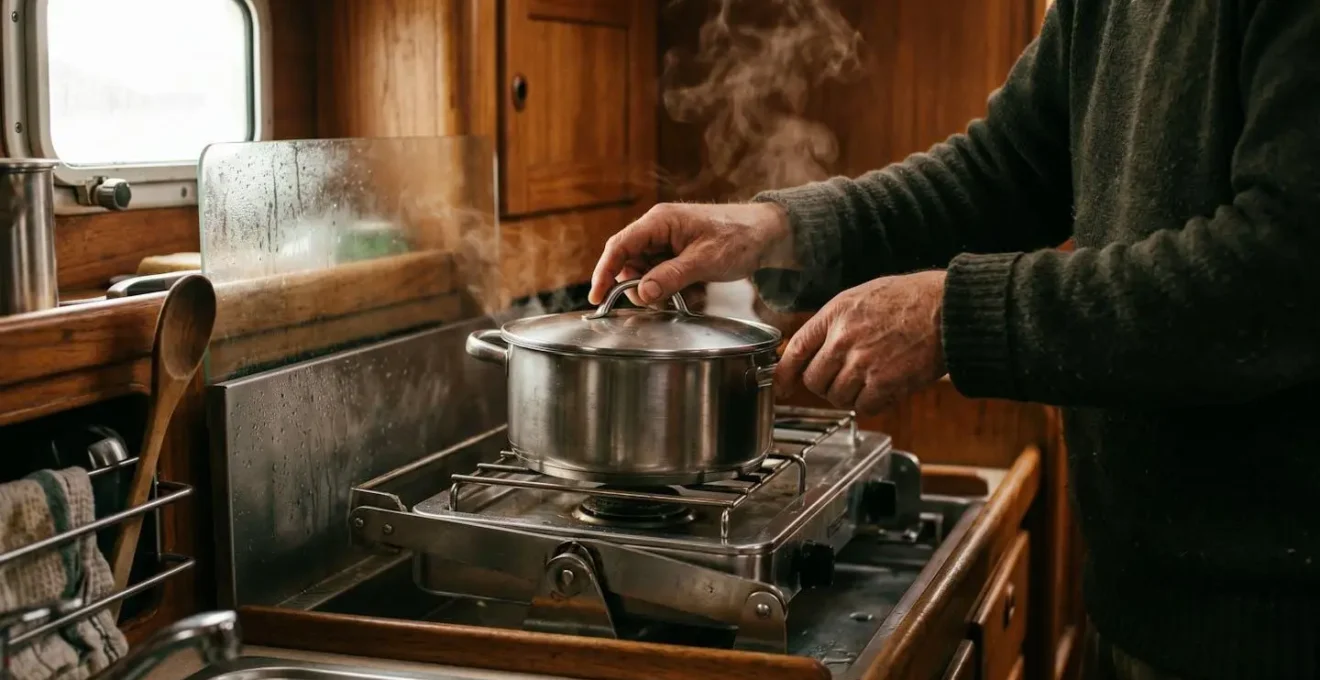 Cuisine de voilier montrant une casserole couverte et un système de récupération d'eau de cuisson