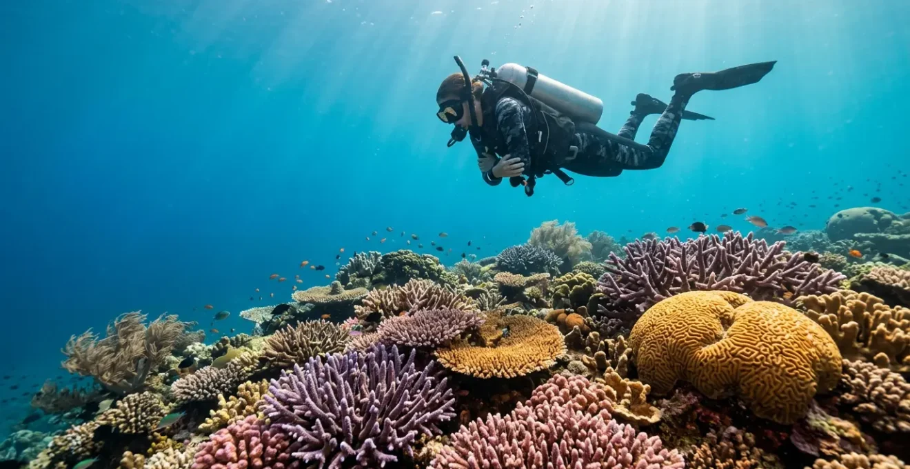 Plongeur en position de flottabilité parfaite au-dessus d'un récif corallien coloré sans le toucher