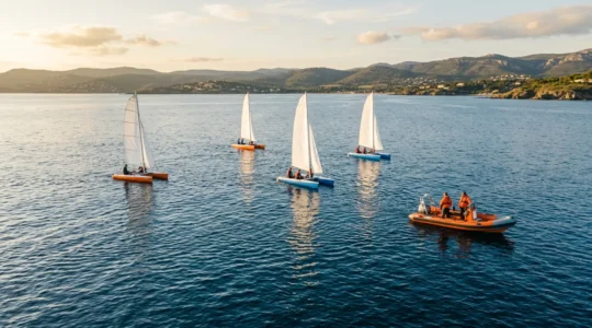Moniteur de voile encadrant un groupe de catamarans avec débutants sur plan d'eau sécurisé