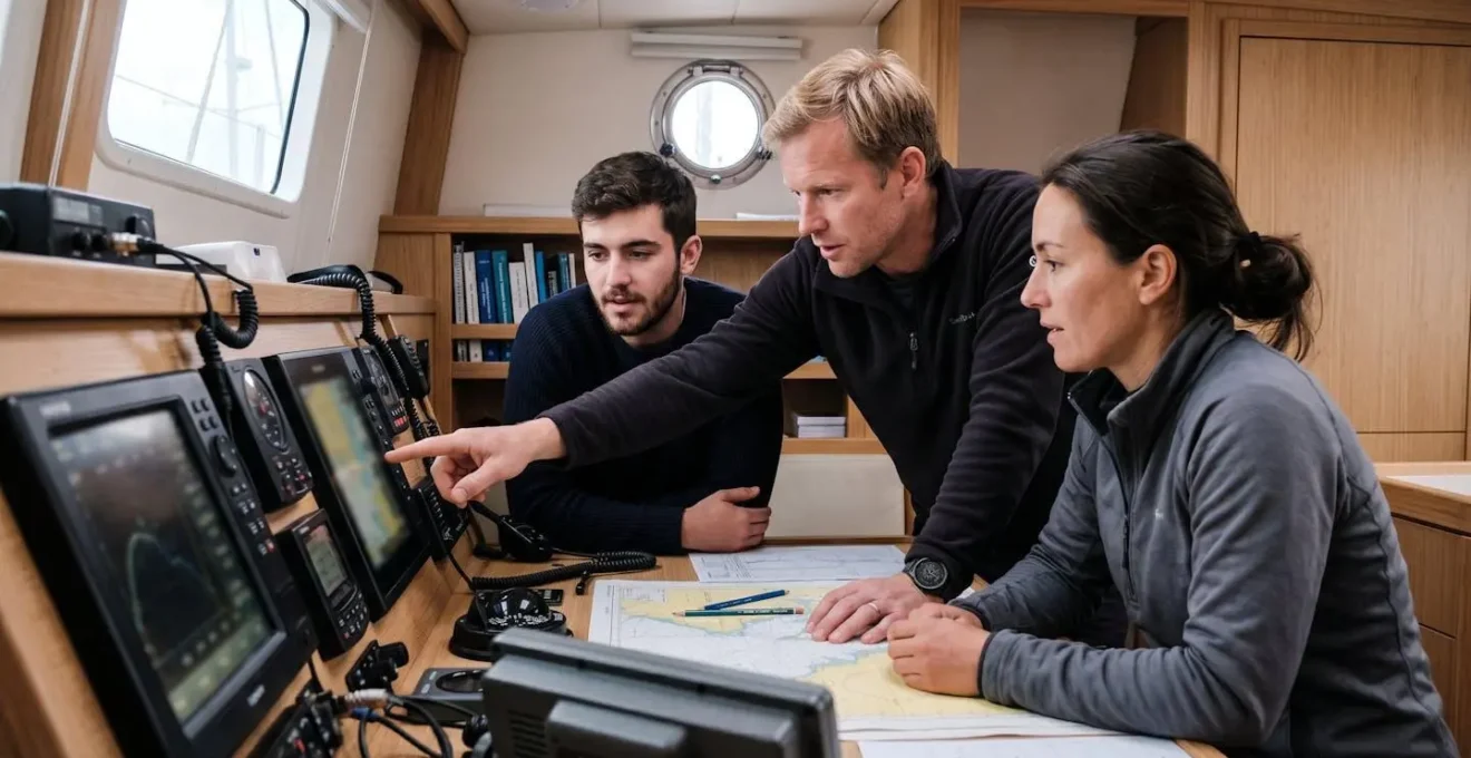Équipage en formation sur les équipements de navigation du voilier