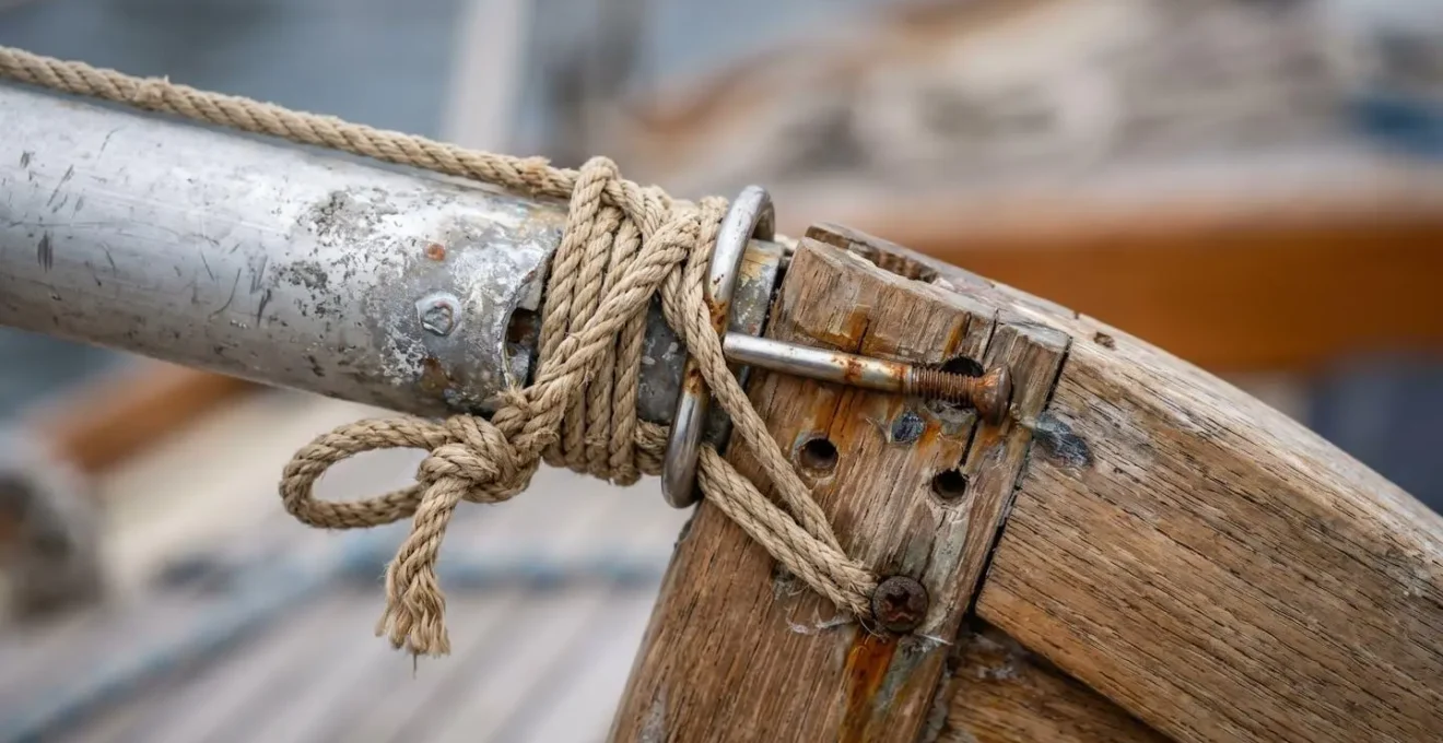 Assemblage d'un gouvernail de fortune avec matériaux de récupération à bord d'un voilier
