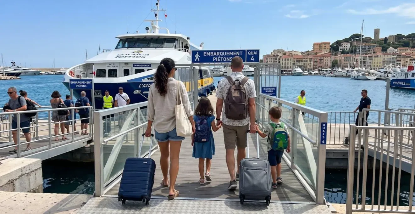 Une famille de quatre personnes vue de dos, avec des bagages à roulettes, s'engage sur la passerelle d'embarquement d'un ferry moderne sous un ciel méditerranéen lumineux