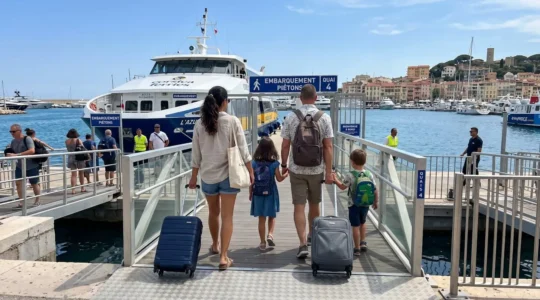 Une famille de quatre personnes vue de dos, avec des bagages à roulettes, s'engage sur la passerelle d'embarquement d'un ferry moderne sous un ciel méditerranéen lumineux