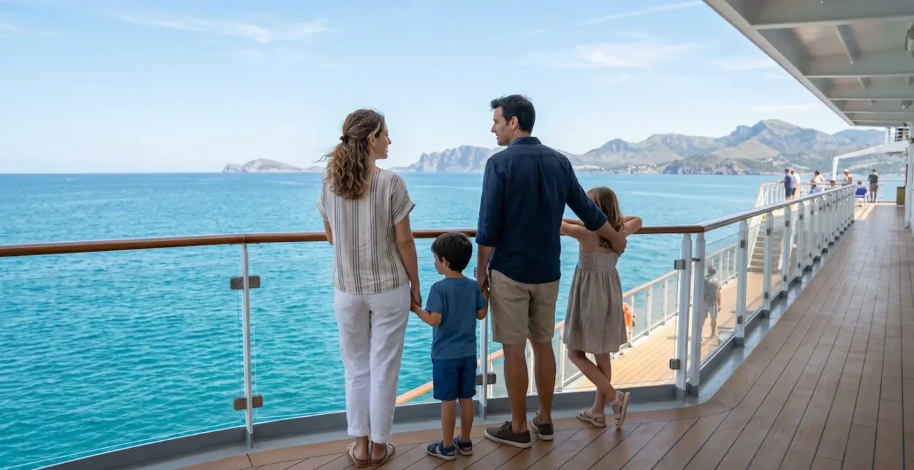 Une famille de quatre personnes observe l'horizon depuis le pont d'un ferry moderne en Méditerranée