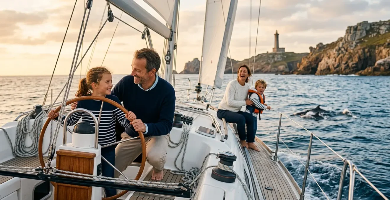 Famille navigant sur un voilier le long des côtes bretonnes avec enfants souriants et paysage maritime serein