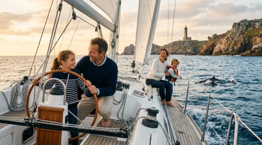 Famille navigant sur un voilier le long des côtes bretonnes avec enfants souriants et paysage maritime serein