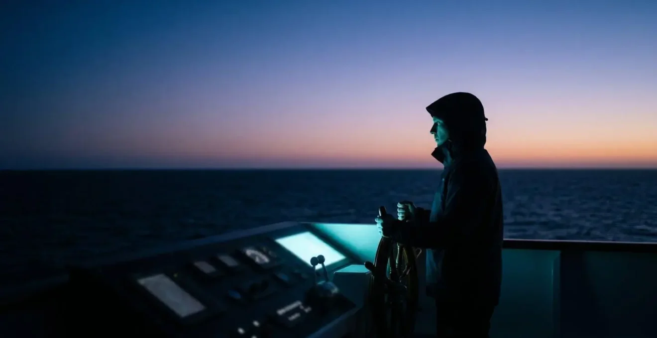 Skipper épuisé maintenant la vigilance lors d'un quart de nuit en navigation hauturière