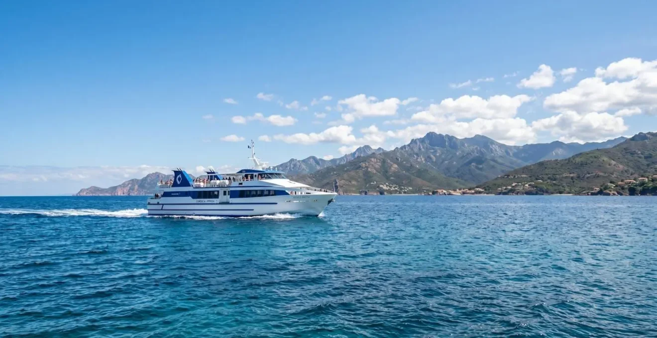 Un ferry moderne naviguant sur les eaux bleues de la Méditerranée en direction de la Corse sous un ciel ensoleillé