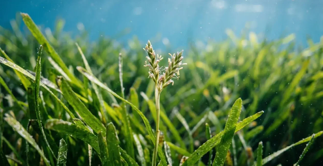 Inflorescences vertes de posidonie en automne émergeant d'un faisceau de feuilles rubanées dans un herbier méditerranéen peu profond