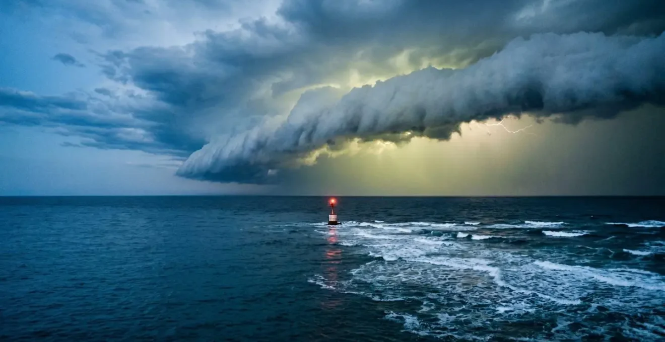 Vue dramatique d'un front orageux nocturne avec ligne de grains se formant au-dessus de la mer
