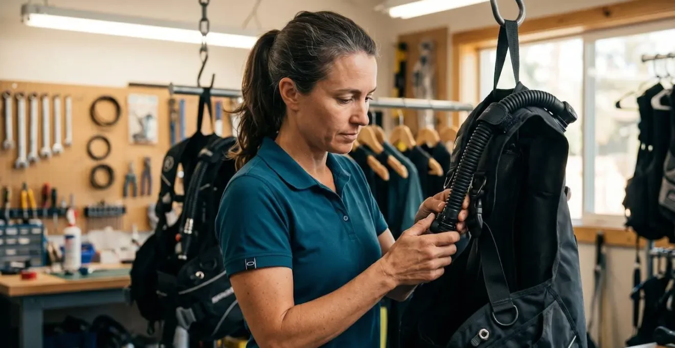 Test d'étanchéité d'un gilet stabilisateur gonflé dans un atelier