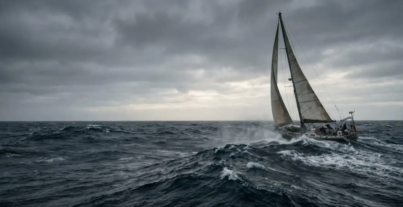 Voilier hauturier affrontant la houle puissante de l'ocean Atlantique dans le Golfe de Gascogne