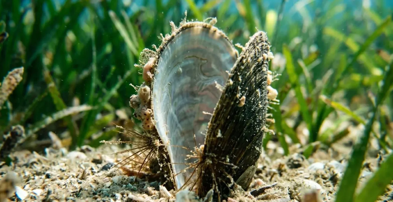 Détail d'une grande nacre verticale émergeant partiellement d'un herbier de posidonie méditerranéen avec sa coquille nacrée caractéristique