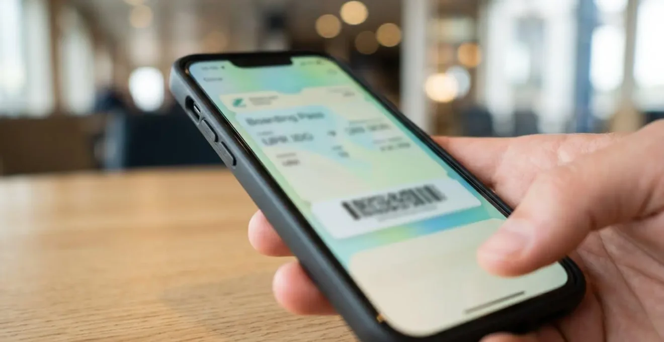 Gros plan sur un billet de ferry ou un boarding pass électronique affiché sur un smartphone avec le texte complètement flouté