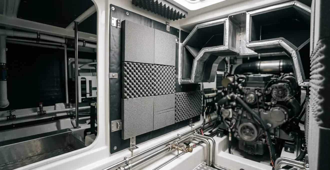 Compartiment moteur de bateau insonorisé avec matériaux acoustiques et système de ventilation
