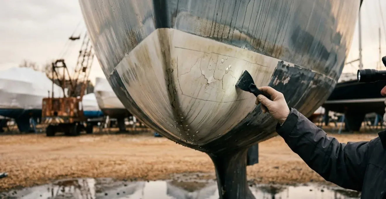 Inspection détaillée de la coque d'un voilier de croisière lors d'une vérification structurelle avant navigation en mer formée