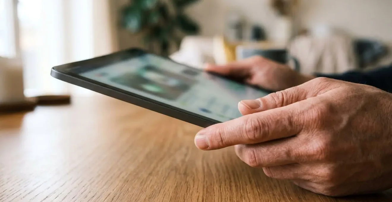 Gros plan sur des mains tenant une tablette moderne avec écran complètement flouté, posée sur une table en bois contemporaine propre, lumière naturelle latérale douce